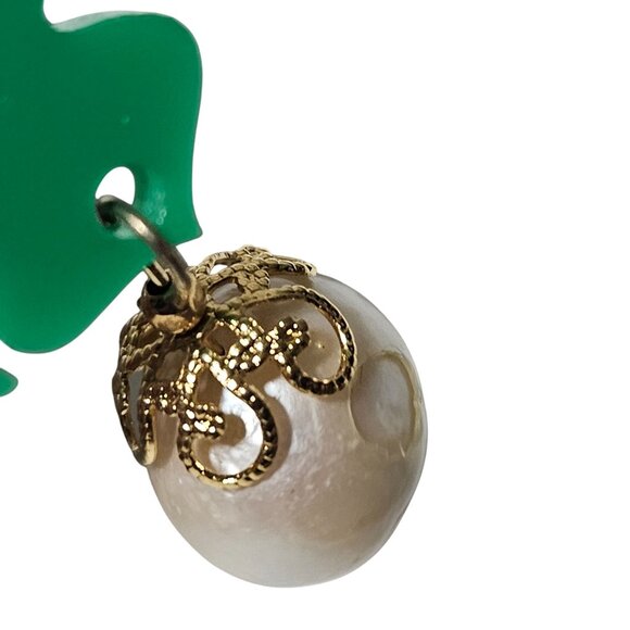 Boho Chic Green Monstera Leaf Earrings Faux Pearl Charm Statement Jewelry Women - Picture 4 of 5